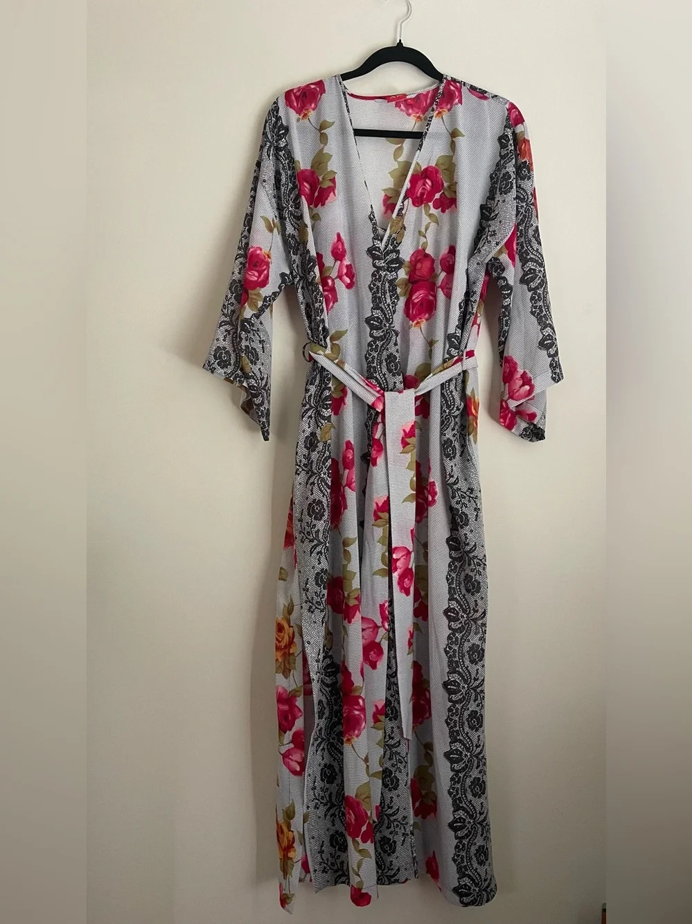 VTG Anne Klein Floral Robe And Slip Dress Set Size M Black Pink Ruffle W/ Slits - Picture 1 of 12